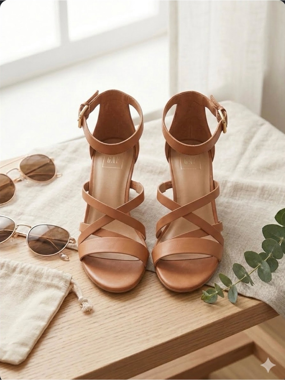 Gap brand camel colored heeled sandals with a buckled ankle strap size 9
